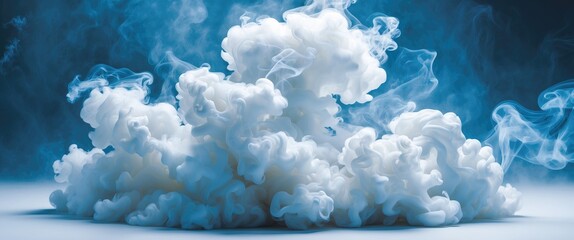 Poster - White smoke or vapor clouds with swirling formations on a blue background illuminated with soft lighting