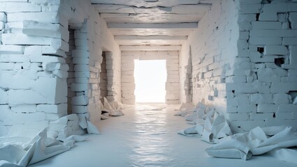 Poster - interior of a minimalistic corridor with white walls and scattered crumpled paper on the floor leadi