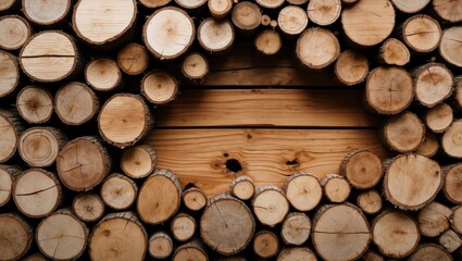 Poster - Wooden logs arranged in circular pattern with empty center space on wooden background rustic texture and natural colors