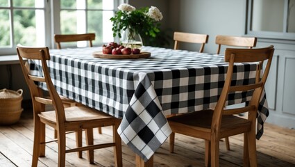 Poster - Dining table set with black and white checkered tablecloth, wooden chairs, and apples in a bowl, indoors with natural light and greenery.