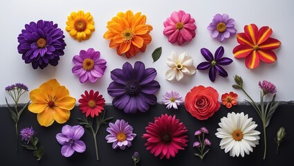 Poster - Colorful arrangement of various artificial flowers flat lay on a dark and light background showcasing a variety of shapes and colors