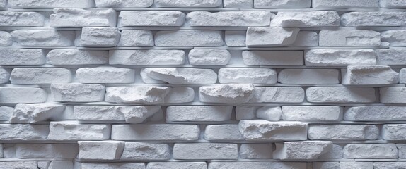 Poster - White brick wall with uneven surface texture and protruding bricks, photographed in natural light, suitable for background or interior design use.