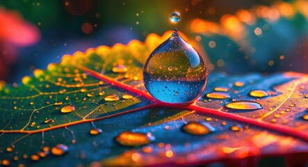 Poster - Raindrop on vibrant green leaf with multiple water droplets and colorful bokeh background