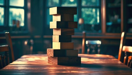 Poster - Wooden block stack on a table in a cozy living room setting with warm lighting and blurred background furniture