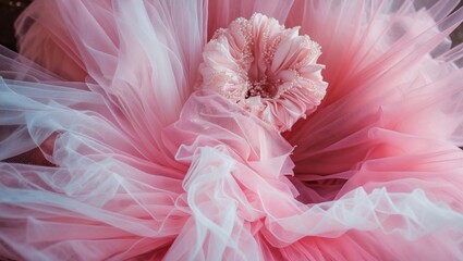 Poster - Pink tulle fabric with layered textures and floral embellishments creating a delicate and soft appearance in a close-up view