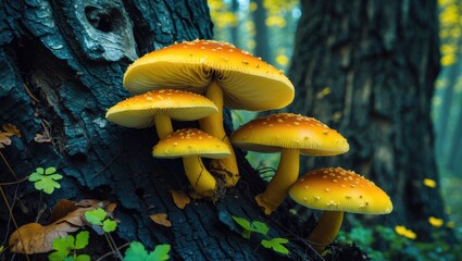 Poster - Mushrooms with bright yellow caps growing on an old tree trunk in a lush green forest environment