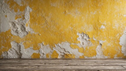 Poster - Close-up of textured yellow wall with peeling paint and wooden floor, ideal for backgrounds and interior design concepts.