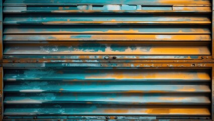 Poster - Rusty metal surface with vibrant blue and orange colors peeling and textured, featuring horizontal lines and industrial aesthetic.