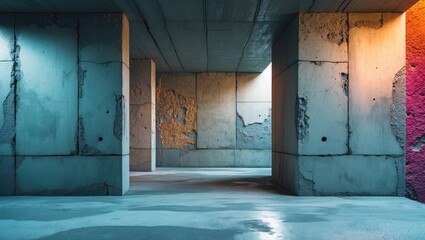 Poster - Concrete corridor with textured walls and colorful lighting in an industrial style interior architecture setting