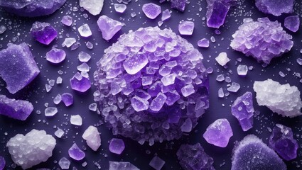 Poster - Purple crystalline minerals assortment on dark surface with various shapes and sizes of crystals arranged artistically