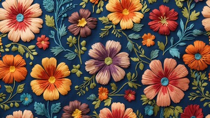 Poster - Colorful floral embroidery pattern on dark blue fabric with various flower designs and green foliage elements.