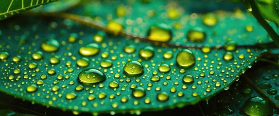 Poster - Macro close-up of green leaves covered in water droplets with varying sizes and reflections demonstrating natural wet texture and freshness