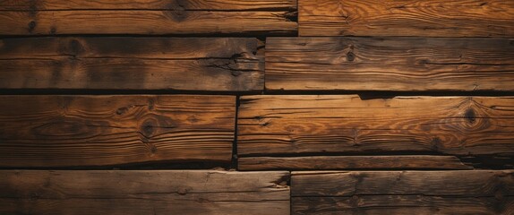 Poster - Brown weathered wooden wall with textured planks arranged in a linear pattern showcasing natural grain and knots in wood