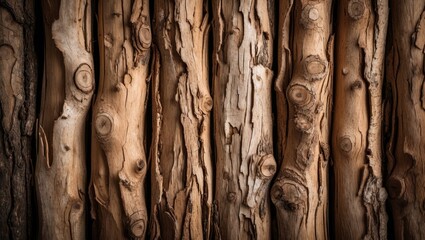 Poster - Textured wooden logs in varying shades arranged vertically with visible knots and grain patterns, creating a natural rustic background.