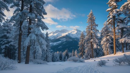 Poster - snowy winter landscape with tall pine trees, mountains in background, clear sky and soft light, tran