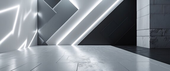 Poster - Futuristic interior with geometric patterns and contrasting light effects on walls and floor in modern architectural space