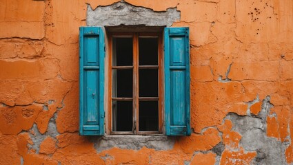 Poster - Rustic wooden window with turquoise shutters on textured orange wall background with peeling paint and visible cracks