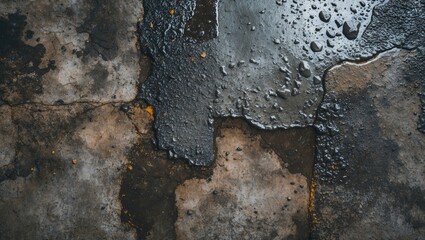 Poster - Wet textured concrete surface with cracks and puddles reflecting light, showcasing a weathered industrial appearance.