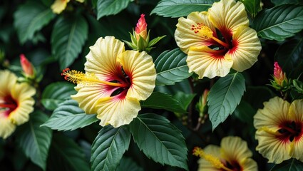 Wall Mural - yellow hibiscus flowers with red accents against green leaves in a natural setting