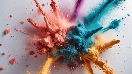 Poster - Colorful dry powder explosion on a white background creating a dynamic and vibrant abstract design