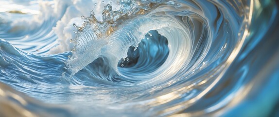 Poster - Close-up view of ocean wave with detailed water texture and splashes under sunlight reflections