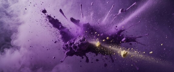 Leinwandbilder - Purple powder explosion with gold particles in a smoky environment creating dynamic motion and vibrant color contrast