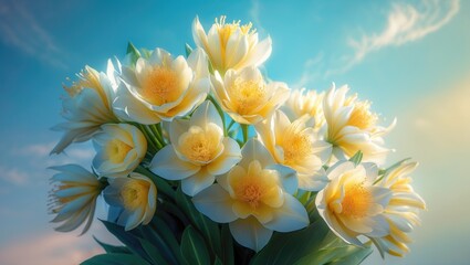 Poster - Bouquet of white and yellow flowers against a blue sky with soft clouds and natural light illuminating the petals.