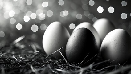 Poster - Monochrome close-up of black and white eggs on straw with blurred bokeh background in soft focus creating a minimalist composition