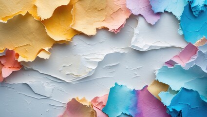 Poster - Colorful torn paper pieces layered on a light textured background creating an artistic abstract composition