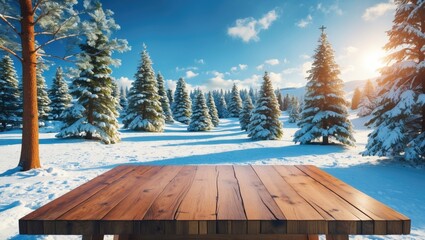 Poster - Wooden table in a snowy forest landscape with evergreen trees and a bright winter sky at golden hour