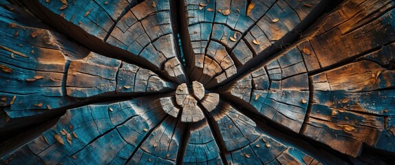 Poster - wooden tree stump texture with blue and brown colors displaying cracks and natural patterns, top vie