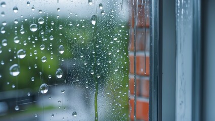 Poster - Close up of raindrops on window glass with blurred green background and reflections on a rainy day