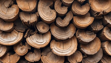 Poster - Wooden logs stacked in a neat arrangement showing cross-sections with natural patterns and textures in a close-up perspective