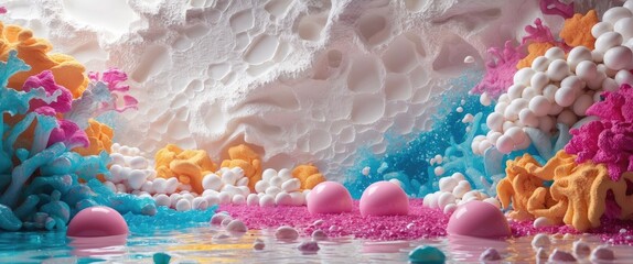 Poster - Colorful abstract landscape with textured coral formations and smooth spheres in vibrant pink, blue, and orange hues, reflecting on water surface.