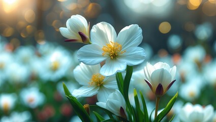 Poster - White flowers with yellow centers and green leaves in a blurred garden setting with golden light bokeh background