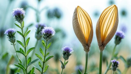 Poster - Close-up of yellow flower buds and purple blooming flowers in soft focus natural background