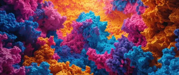 Poster - Vibrant abstract landscape with colorful textured formations in shades of pink, blue and orange resembling a digital art creation