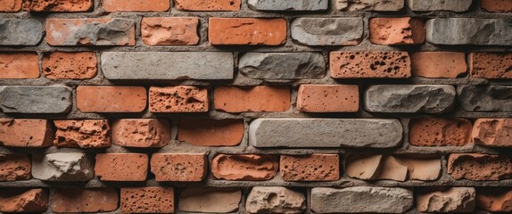 Poster - Textured brick wall featuring red and gray bricks with various shapes and sizes arranged in a pattern.