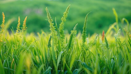 Poster - Green grass field with tall grass blades and flowering plants in a natural setting under soft lighting 283x500 resolution.