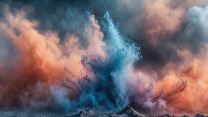 Poster - Colorful dust explosion with vibrant orange and blue hues against a dark background creating a dynamic abstract composition