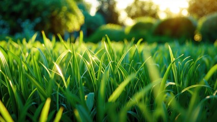 Poster - lush green grass with sunlight illuminating blades in a serene outdoor garden environment during gol