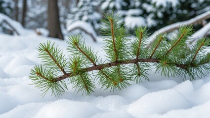 Poster - Pine branch laying on snow covered ground in winter forest with blurred background and soft natural light