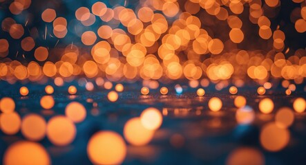 Poster - Defocused warm glowing lights in a dark environment creating a bokeh effect for background or texture use.