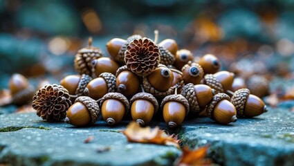 Poster - Aromatic pine cones and acorns arranged on stone surface with blurred autumn leaves in background. Natural fall decoration concept.