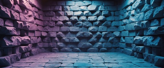 Wall Mural - Illuminated stone walls and floor in a dark room featuring soft blue and purple lighting effects with a textured surface