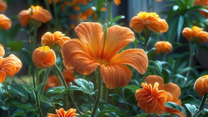 Poster - Vibrant orange flowers in full bloom surrounded by lush green foliage in a garden setting during daylight