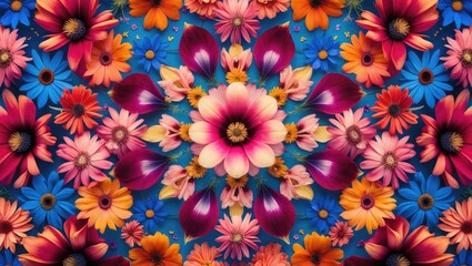 Poster - Colorful floral pattern with mixed flowers including daisies and petals on a vibrant blue background