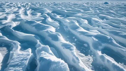 Poster - snowy landscape with textured snow patterns under bright daylight reflecting various shades of blue 
