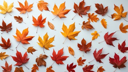 Poster - Autumn leaves in various colors arranged on a light background displaying shades of orange red and yellow foliage