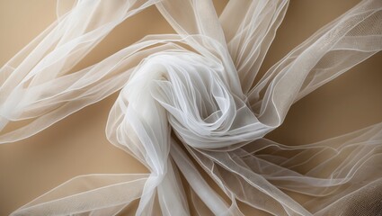 Poster - White sheer fabric arranged in a swirling pattern on a beige background creating an elegant texture and visual depth
